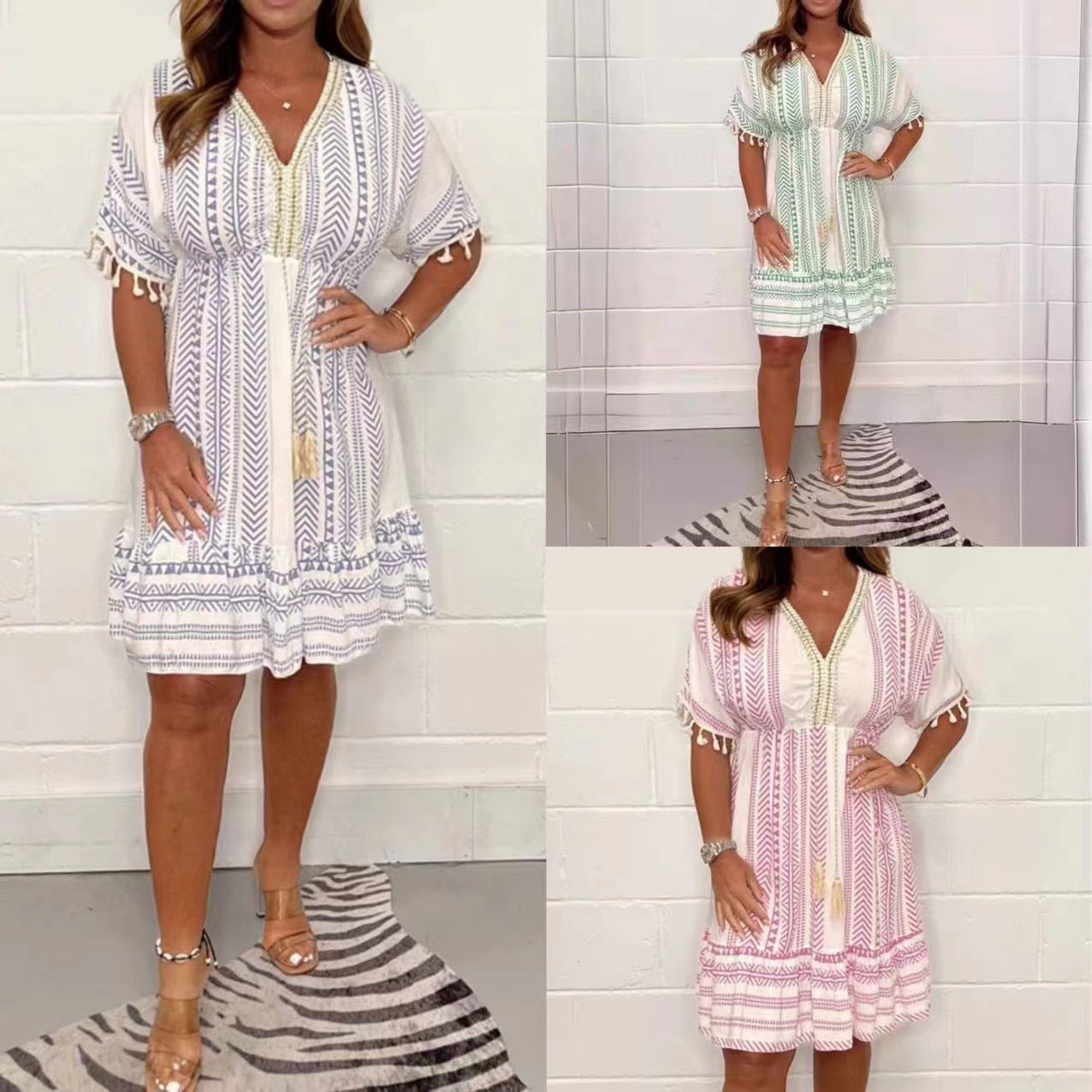 Wibina -   Abito Casual Stampato e con Scollo a V