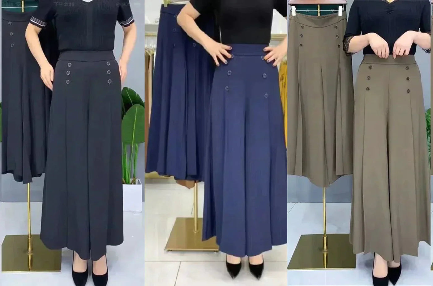 Malou - Elegante Plissettato Gamba Larga Pantalone
